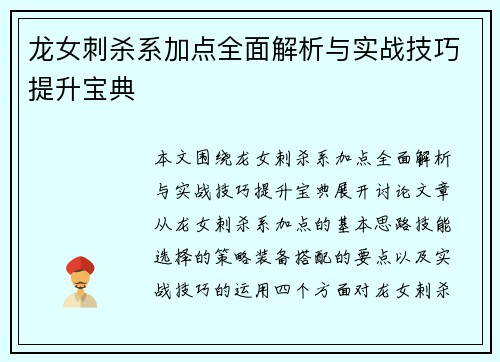 龙女刺杀系加点全面解析与实战技巧提升宝典