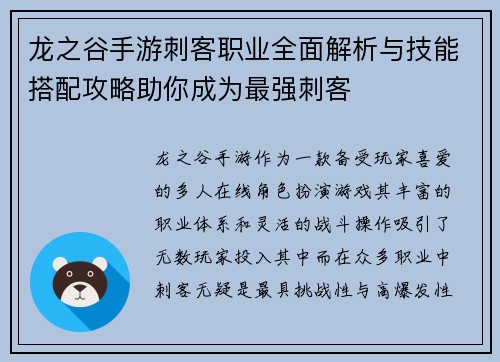 龙之谷手游刺客职业全面解析与技能搭配攻略助你成为最强刺客